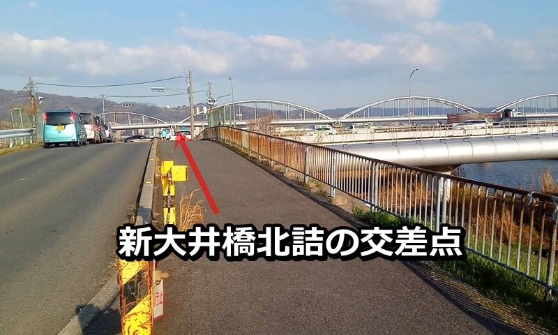 堤防を上がった場所から見た新大井橋北詰の交差点