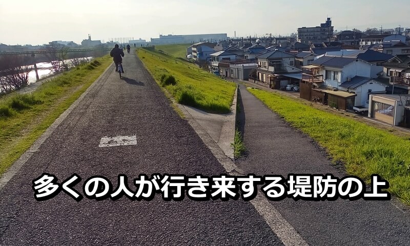 多くの人が行き来する堤防上の道路